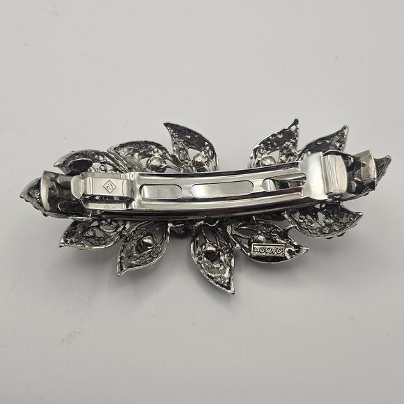 Vtg Soho Floral Rhinestone Black Rhinestones Silver Tone Hair Clip Barrette